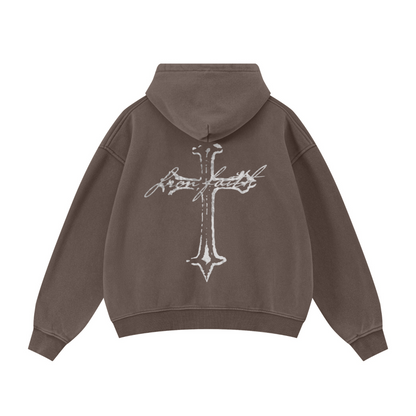 400GSM Unisex Vintage-Wash Boxy-Fit Zip-Up Hoodie Vintage Dark Brown