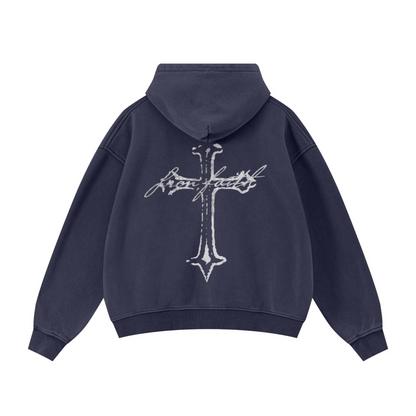 400GSM Unisex Vintage-Wash Boxy-Fit Zip-Up Hoodie Vintage Royal Blue