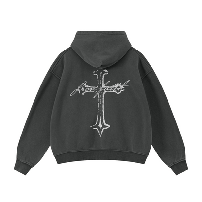 400GSM Unisex Vintage-Wash Boxy-Fit Zip-Up Hoodie Vintage Dark Grey