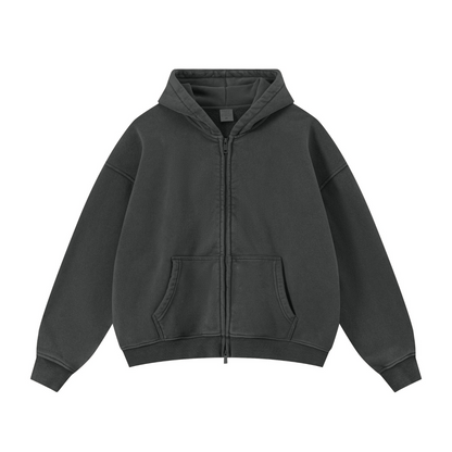 400GSM Unisex Vintage-Wash Boxy-Fit Zip-Up Hoodie Vintage Dark Grey